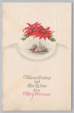 Holiday~Hearty Greetings & Best Wishes For A Merry Christmas~Poinsettias~Vtg PC picture