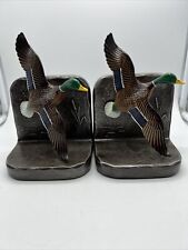 Vtg Flying 3D Mallard Ducks Metal Bookends with Leather Backing 1960’s picture