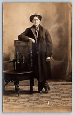 Original Old Vintage Postcard Antique Studio Real Photo Gentleman Coat Hat RPPC picture