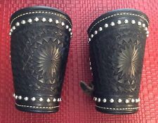 Two Antique Cowboy  Hand Tooled Studded Black Leather Wrist Cuffs picture