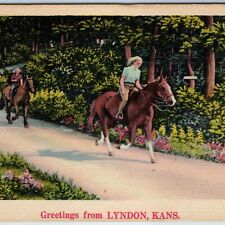 c1940s Lyndon, Kans. Greetings from KS Lovely Girl Riding Horse Linen PC A243 picture