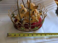Vintage Chihuahua's In A Metal Basket With Leaf Design & Red Cushion Cute & Rare picture