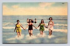 Old Postcard Women Bathing Beauties Holding Hands Beach Waves 1940s Swim Suits B picture