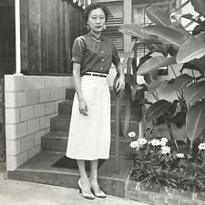 VINTAGE PHOTO 1955 Beautiful Asian American Woman By Daisies ORIGINAL SNAPSHOT picture