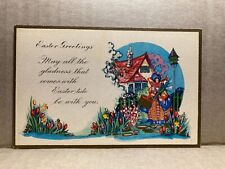 Easter Greetings, Girl Walking, Colorful Garden, House, Countryside, Postcard picture