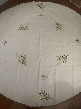 Vintage Round 60 Inch tablecloth W Ruffle Embroidery Leaves Olives W 8 Napkins picture