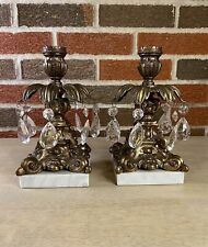 Pair Hollywood Regency Candlestick Holders w/Prisms & Marble Base Vintage picture