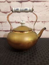 Small Vintage 1950s copper Kettle Blue White Porcelain Handle Pitting Knob picture