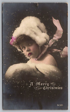 RPPC A Merry Christmas Victorian Girl Fur Hat Rotograph Postcard Bromide Paper picture