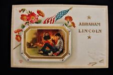 Abraham Abe Lincoln Reading Books by Fireplace Flag Sander Patriotic Postcard picture