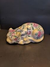Vtg Ceramic Sleeping Cat Roses Bow Figurine Cottage Decor picture