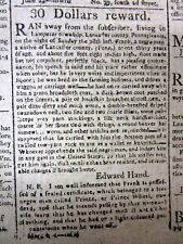 1802 Philadelphia newspaper w RUNAWAY SLAVE REWARD AD frm LANCASTER Pennsylvania picture