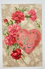 John Winsch Antique Valentine Postcard Woman Pink Flowers Moving Heart Card picture