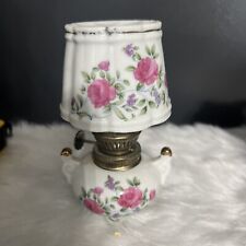 Antique Hand Painted Porcelain Floral Small Oil Lamp w Matching Shade 5.5