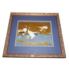 Vintage Crane Art Heron Japanese Framed Matted Print Gold Blue 14.5