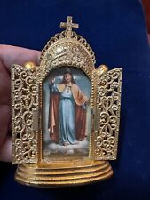Vintage Religious Christianity Traveling Shrine Chapel Reliquary Filigree Metal  picture