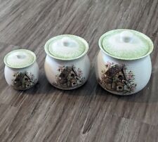 Vtg Transfar Speckled Green & White Canisters Set Of 3 Textured Birdhouse Spring picture