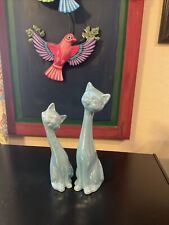 Vintage Pair  Mid Century Modern Lusterware Cats 13” & 10” Blue picture