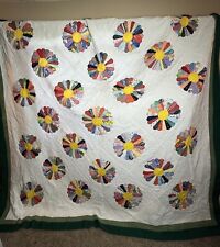Vintage Quilt Dresden Plate Homemade Sunflower KING SIZE Rainbow with Green Trim picture