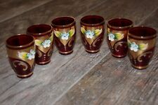 6 Bohemian Czech Glass Ruby Red Gold Overlay Blue Enameled Flower Shot Glasses picture