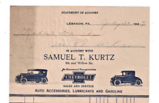 1927 Receipt Chevrolet Samuel T. Kurtz Lebanon Pa. Chevy Auto Vintage Logo picture