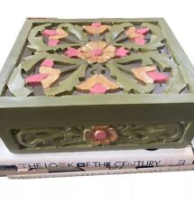 India Floral Hinged Box Hand Carved Painted Wooden Green Pink Storage Decor picture