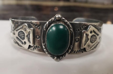 VINTAGE NAVAJO STERLING SILVER CUFF BRACELET DEEP GREEN STONE  CABOCHO SOUTHWEST picture
