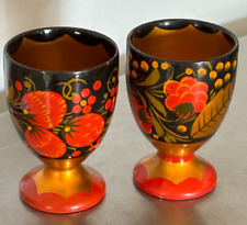 2 Russian KHOKHLOMA Lacquered Wood Hand Painted Egg Cups -  picture