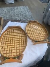 Vtg. Wooden Hand Crafted/Woven Chinese Owl Eye Handles Set/2 Trays Lg/Med Size picture