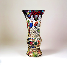 Rare Antique Delft Polychrome Transferware Vase w Colorful Pheasant Floral Motif picture
