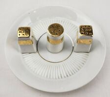 Vintage Mid Century Ceramic Salt & Pepper Shaker Saucer Set Japan MCM White/Gold picture