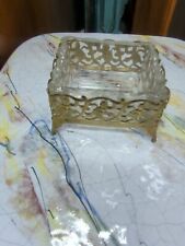 Vintage Gold Gilt Filigree Metal &Glass Vanity Trinket Soap Dish picture