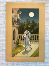 Vintage Antique Postcard, Clown Seranading with Young Girl Banjo, Full Moon picture
