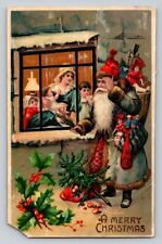 Santa Claus Blue Robe Carrying Toys Looking At Window Gel Germany c1905 P31 picture