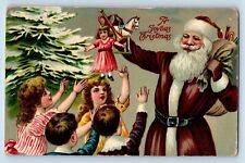 Christmas Postcard Santa Claus Brown Robe With Toys Gift For Childrens Embossed picture