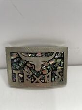 Vtg Belt Buckle Turquoise Coral Inlay Texas Longhorn Bull picture