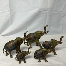 Vintage Brass Elephants Trunks Up Hand Painted Made in India Set of 5 picture