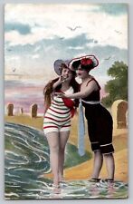 Bathing Beauties Girls Beach Striped Swimming Suits Vtg 1910s Antique Postcard picture