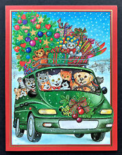 *ONE* Caspari Christmas Holiday Card Cats Dog In Car Bear Gisela Buomberger 1 picture
