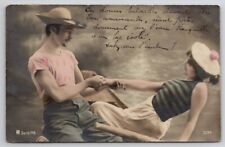 RPPC French Romance Couple Boating Woman In Barret Hat Real Photo Postcard Y25 picture