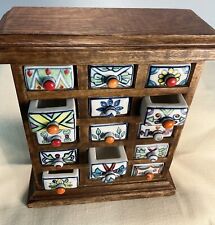 Vintage APOTHECARY Wood Chest 15 Colorful Porcelain Drawers picture