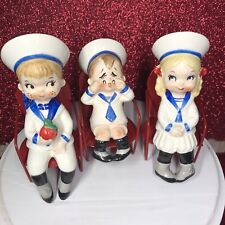 Vtg Set Of 3 Lefton Sailor Boys & Girl Sitting In Chairs July 4 Figurines Japan picture