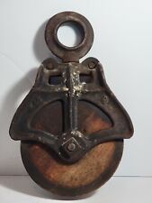 Vintage Cast Iron & Wood Wheel Barn Pulley Farm Rustic Primative picture