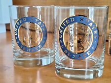 2 Vtg United States SENATE Barware Rocks Glasses Blue & Gold Eagle Emblem EUC  picture