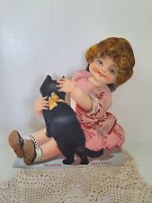 Large Gibson Art Antique St. Valentine's Day Card Girl with Kitten Movable picture
