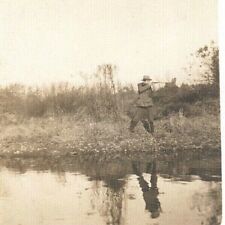 Postcard Hunter with Rifle,Great Reflection in Pond, Real Photo,AZO 1904-1918 picture
