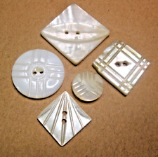 5 Antique Shell/MOP Buttons Squares & Circles W/Carved Line Designs picture
