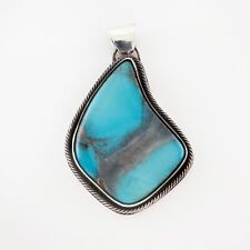 LARGE SOUTHWESTERN STERLING BLUE SMOKEY BISBEE TURQUOISE ROPE BORDER PENDANT picture