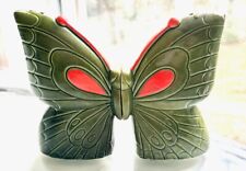 LARGE MOSS GREEN MID CENTURY BUTTERFLY SALT & PEPPER SHAKERS,HAND PAINTED,ORANGE picture