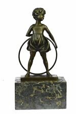 Handcrafted Little Girl Playing Loop Hot Cast Bronze Sculpture MarbleBase Figure picture